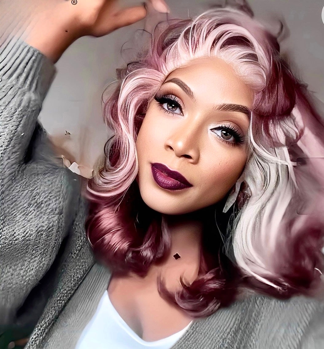 Wine Color With Blonde Highlight Lace Wavy Wig