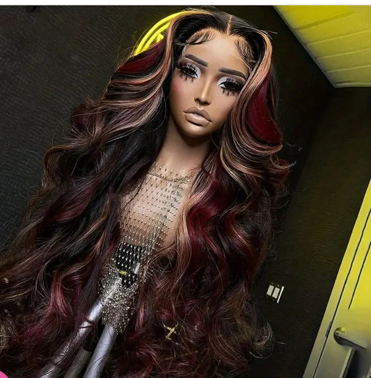 180% Density Burgundy Red And Auburn Mixed Highlight Wig