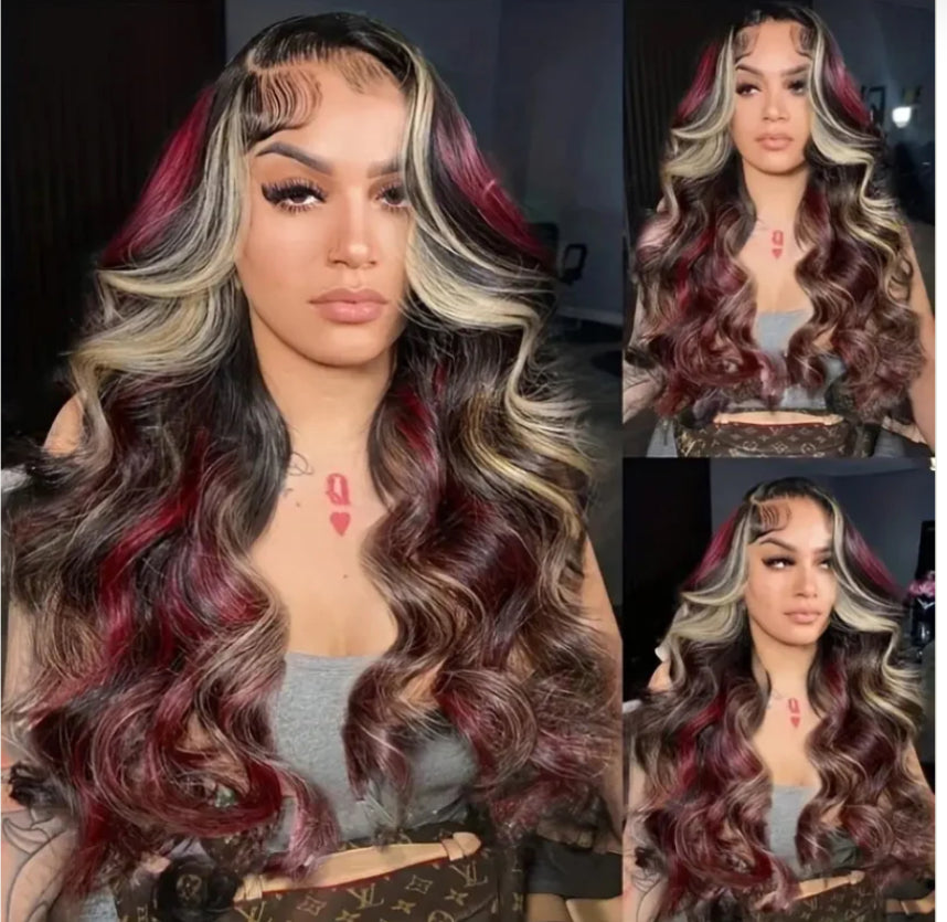 180% Density Burgundy Red And Auburn Mixed Highlight Wig