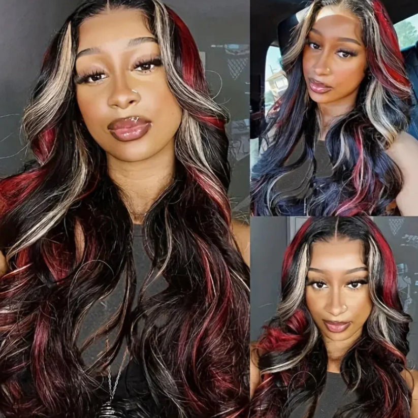 180% Density Burgundy Red And Auburn Mixed Highlight Wig