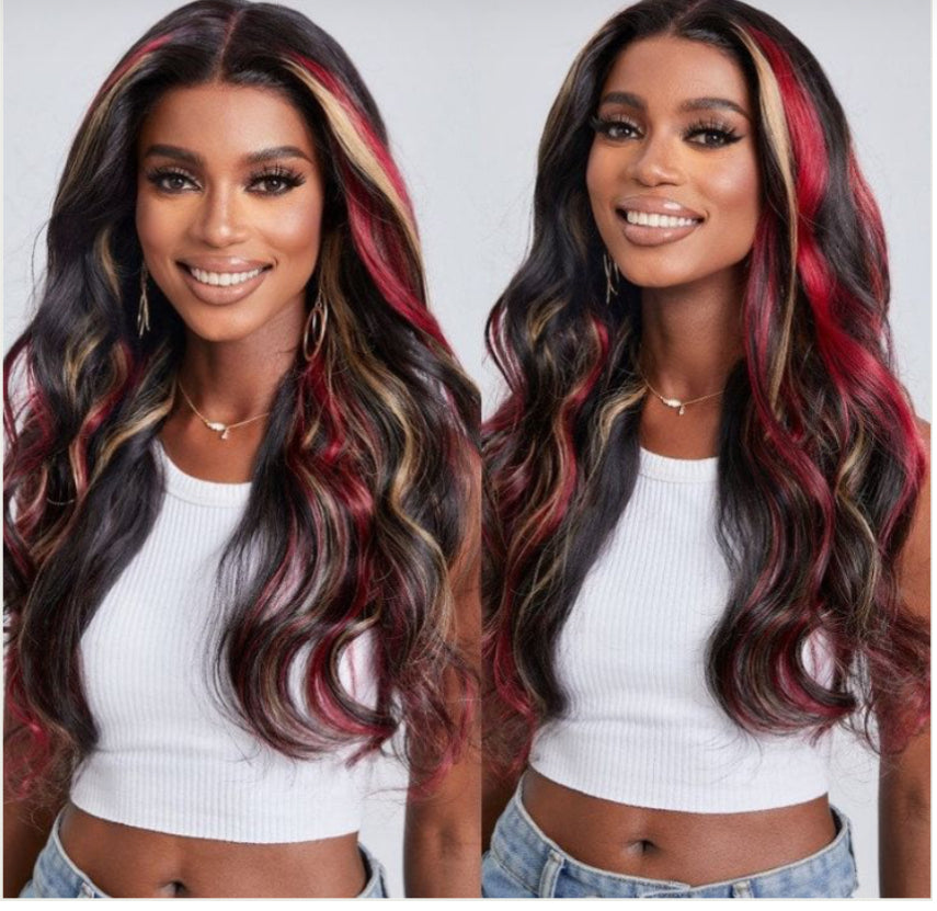 180% Density Burgundy Red And Auburn Mixed Highlight Wig