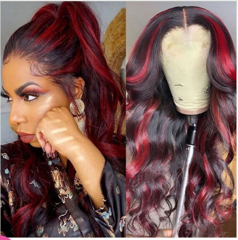 Dark Burgundy with Rose Red Highlights 13x4 Body Wave Glueless  Wig