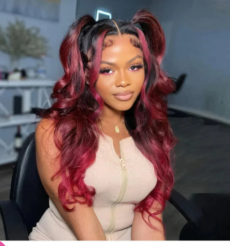 Dark Burgundy with Rose Red Highlights 13x4 Body Wave Glueless  Wig