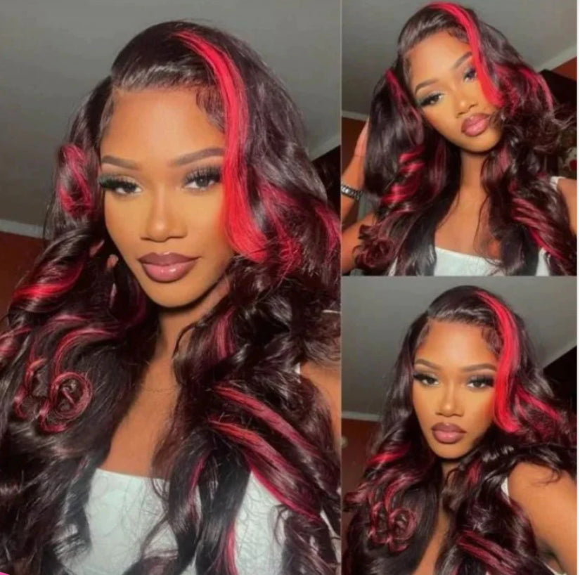 Dark Burgundy with Rose Red Highlights 13x4 Body Wave Glueless  Wig