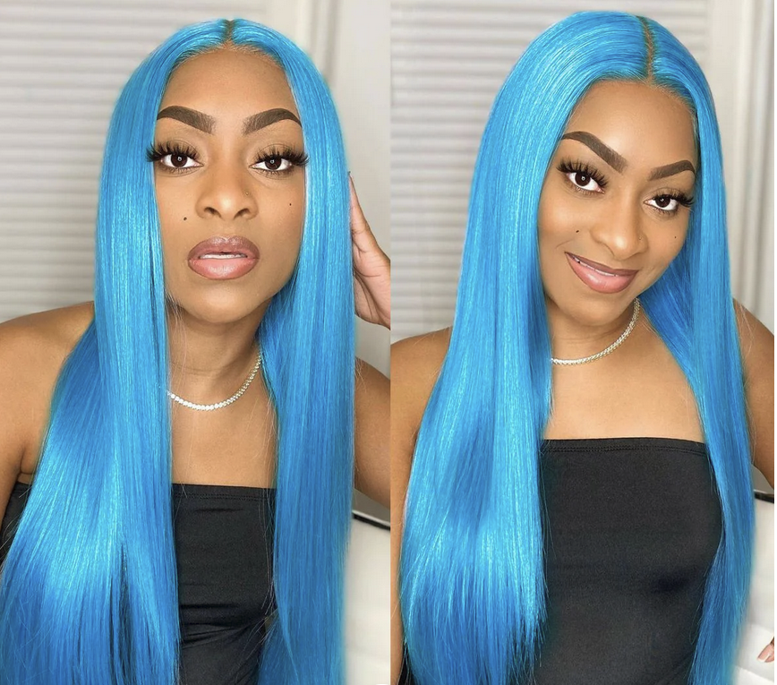 13x4 Bone Straight Lace Front Wig Human Hair Pre-plucked Blue and Red lace Frontal Wig