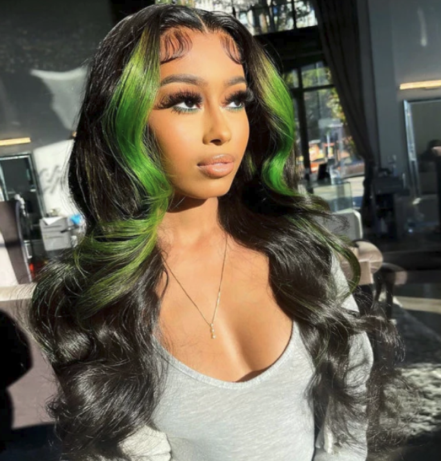 Green Skunk Stripe Hair Wig Colored Lace Front Wigs Body Wave