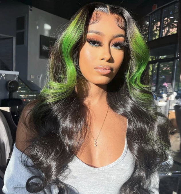 Green Skunk Stripe Hair Wig Colored Lace Front Wigs Body Wave