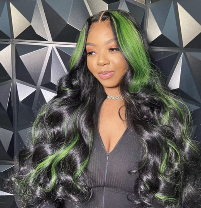 Green Skunk Stripe Hair Wig Colored Lace Front Wigs Body Wave