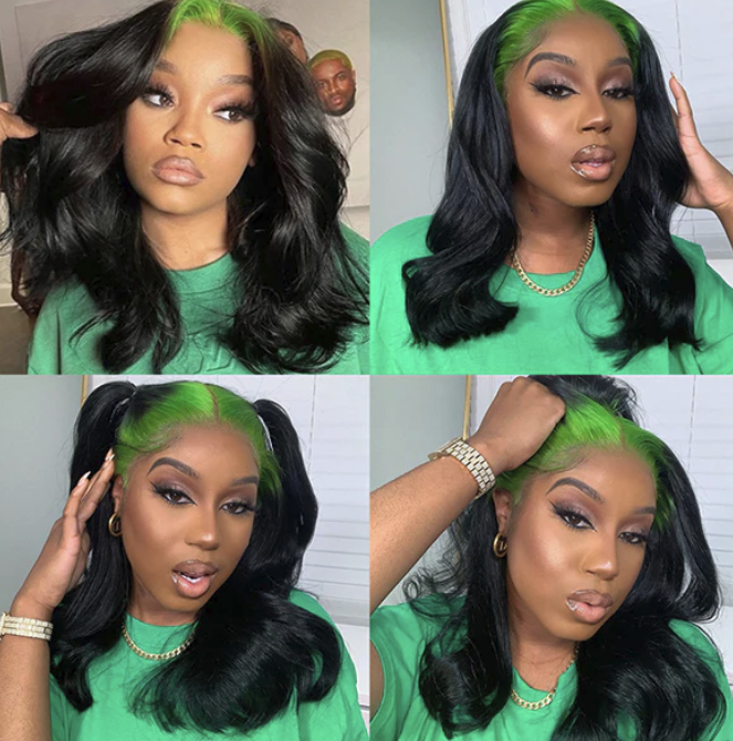 Green Skunk Stripe Hair Wig Colored Lace Front Wigs Body Wave