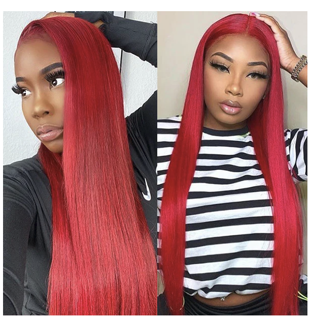 13x4 Bone Straight Lace Front Wig Human Hair Pre-plucked Blue and Red lace Frontal Wig