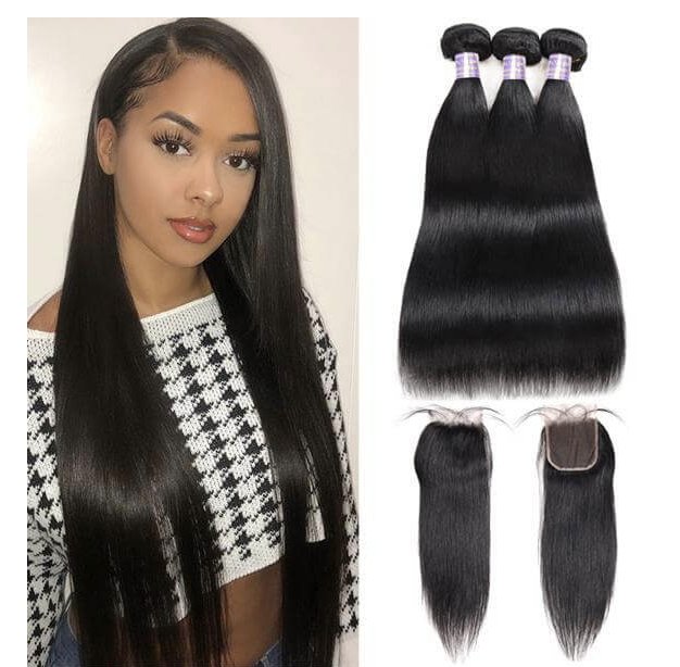 Brazilian Straight Human Hair 3 Bundles with 4*4 Lace Closure - Allove HairClassy Closet Beauty & Bundles